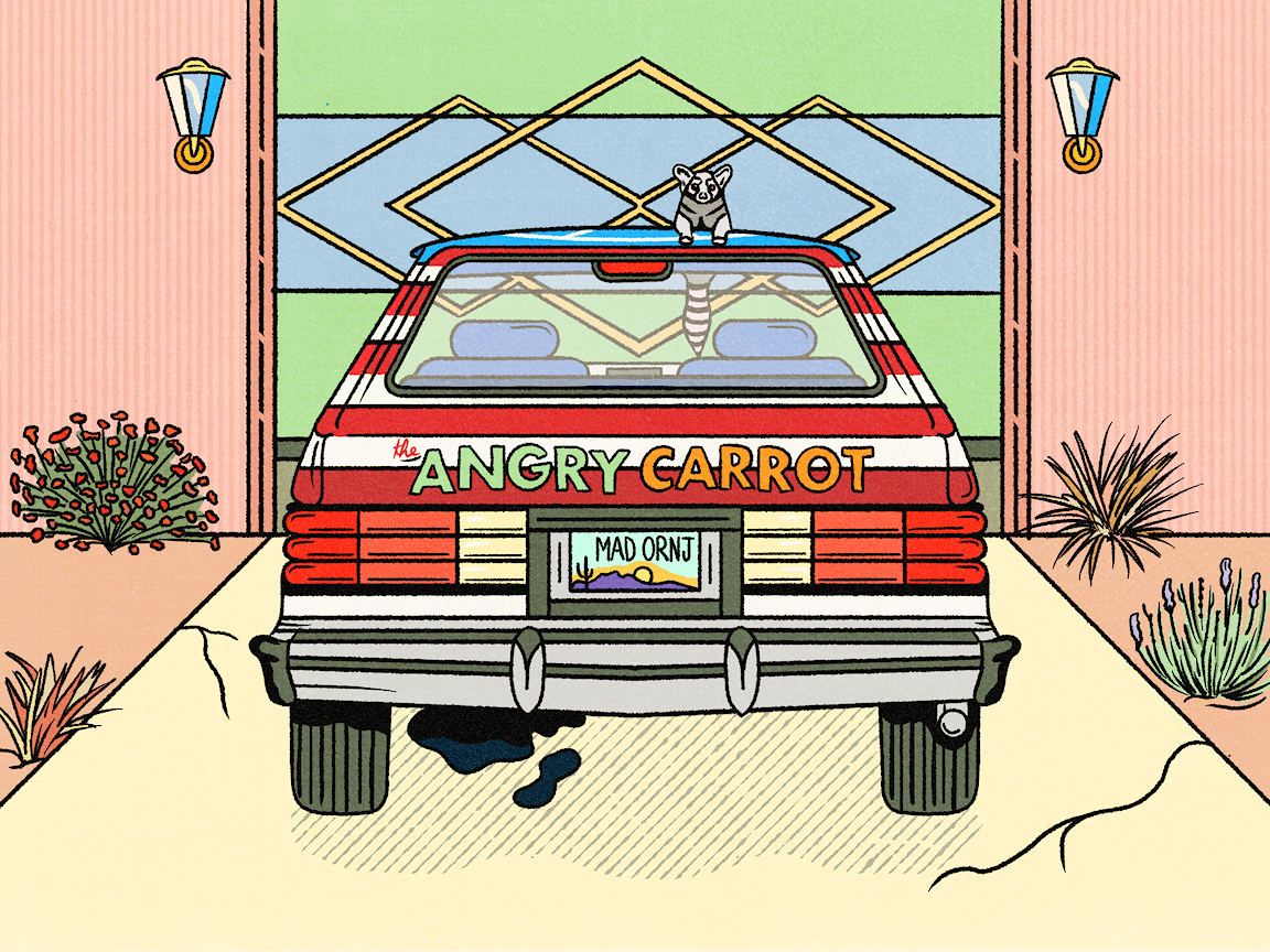 An illustration of the rear of a car reads "ANGRY CARROT."